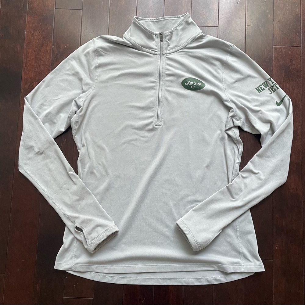Nike Dri-Fit NY Jets Women’s Size L Light Gray 1/4 Zip LS Shirt NFL Thumb Holes